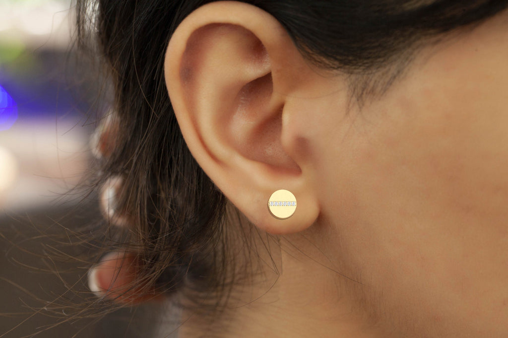 Diamond Disc Stud Earrings / 14k Gold Diamond Bar Stud Earrings/ Diamond Bar Studs / Diamond Anniversary Gift / Birthday Gift