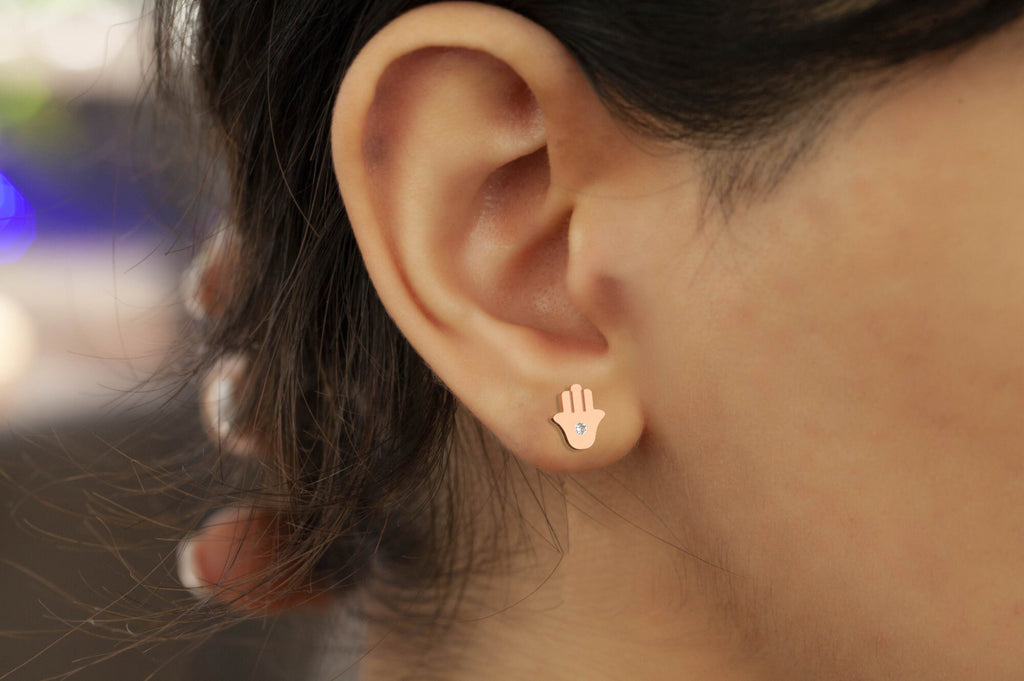 Diamond Hamsa Studs / 14k Gold Diamond Hand of Fatima Earrings/ Diamond Hand Studs / Diamond Anniversary Gift / Birthday Gift
