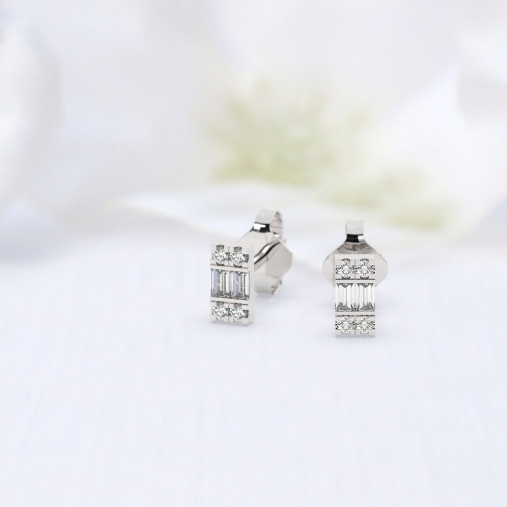 Baguette Diamond Studs / 14k Diamond Round & Baguette Stud Earrings / Dainty Diamond Stud Earrings / Birthday Gift / Bridal Gift