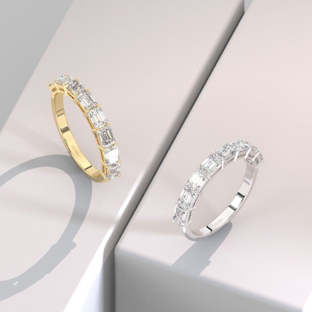 14k Gold Emerald Cut Diamond Wedding Band: 1.6 ct Half Eternity Ring