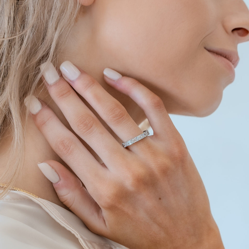 14k Gold Emerald Cut Diamond Wedding Band: 1.6 ct Half Eternity Ring