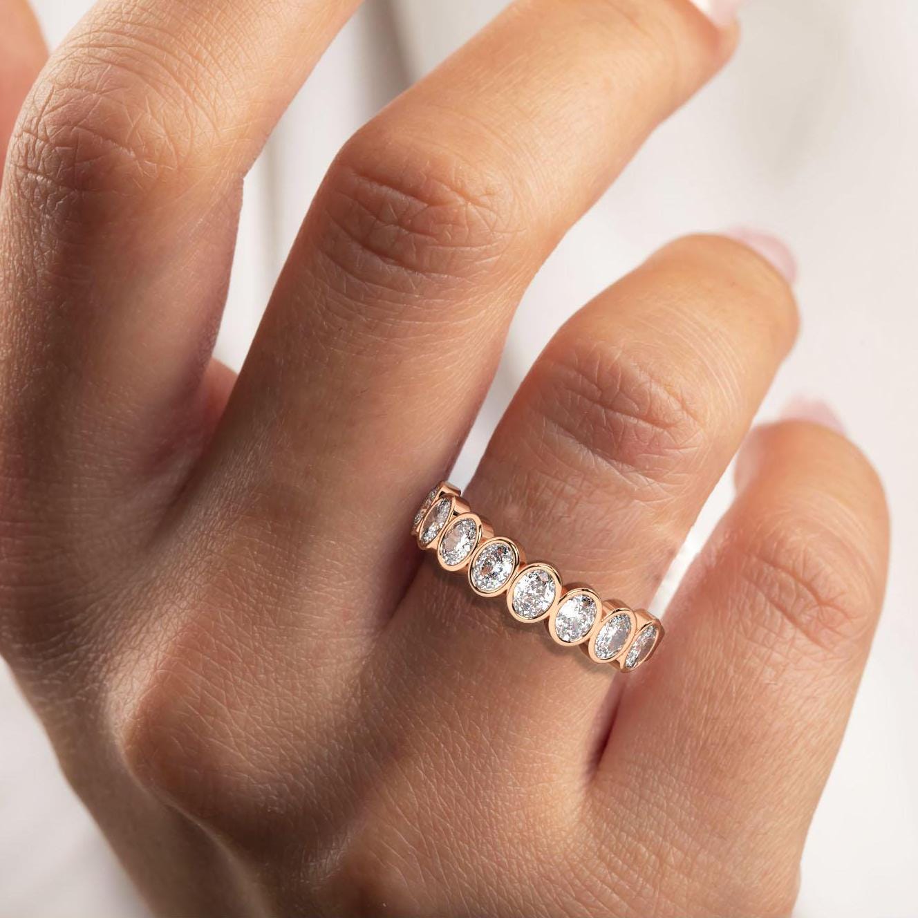 Oval Cut Bezel Diamond Wedding Band / 1.2 Ct Bezel Set Halfway Eternity Wedding Ring / Diamond Anniversary Ring / Wedding Gift