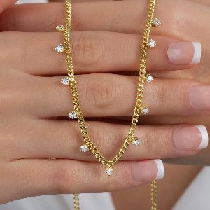 Diamond Station Necklace / 14k Gold Diamond Station Necklace / Curb Chain Diamond Necklace / Diamond Station Necklace / Layering Necklace
