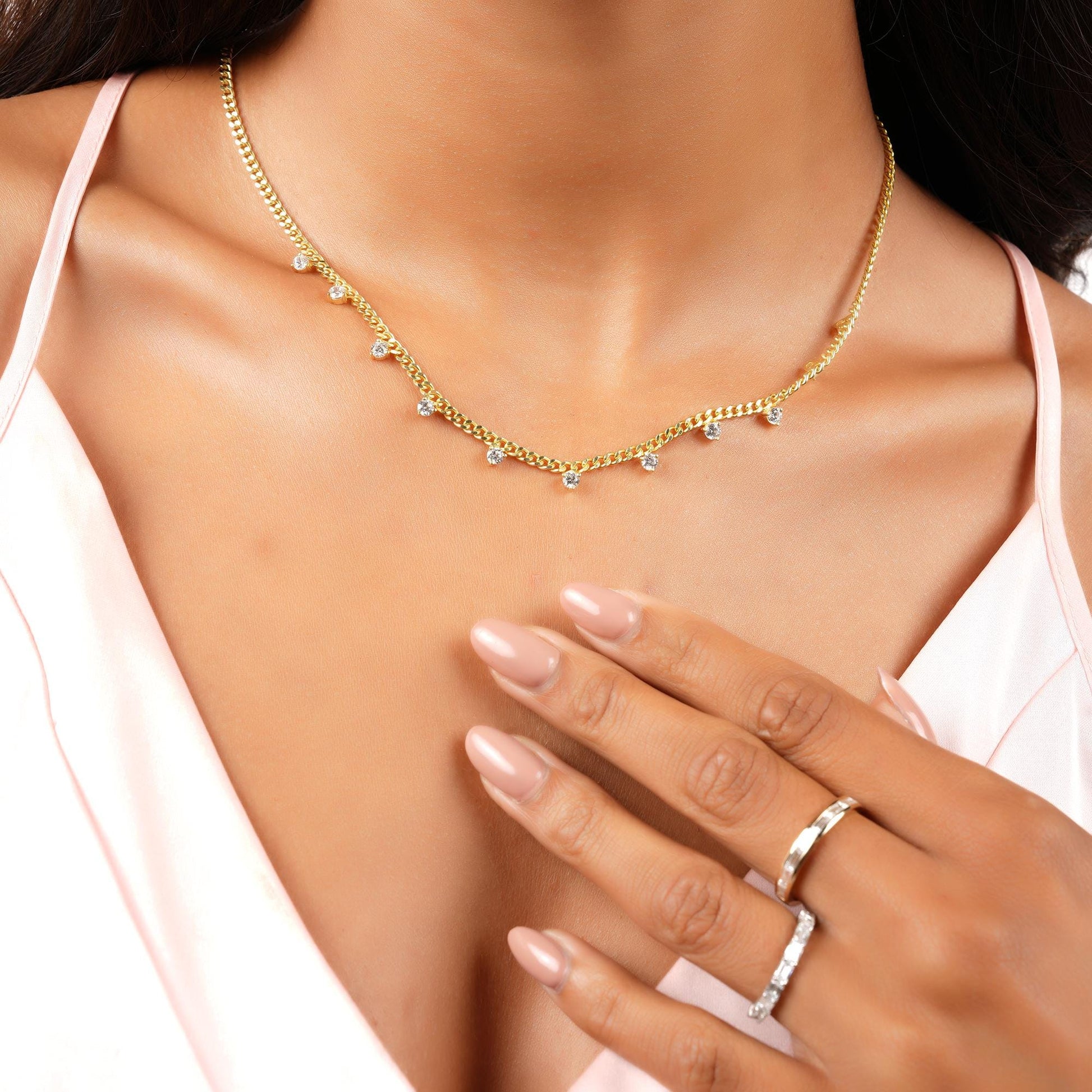 Diamond Station Necklace / 14k Gold Diamond Station Necklace / Curb Chain Diamond Necklace / Diamond Station Necklace / Layering Necklace