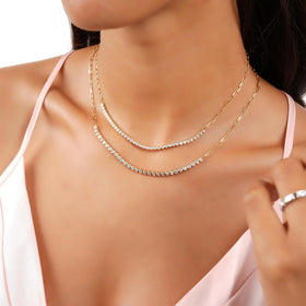 14k Gold Diamond Tennis Necklace: Paperclip Chain Segment Necklace Gift for Birthday Wedding Engagement