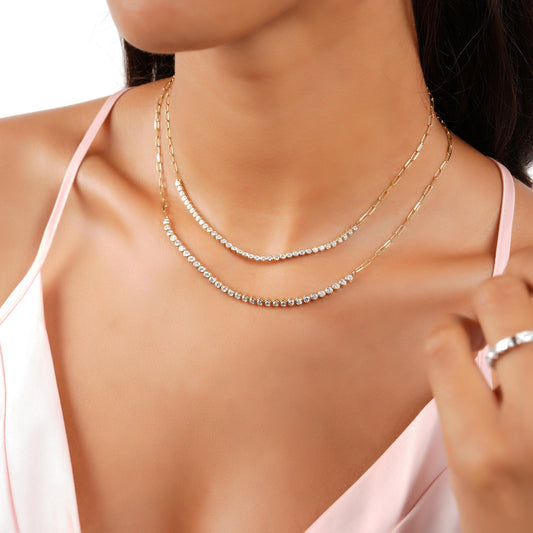 Diamond Segment Tennis Necklace / 14k Gold Diamond Tennis Necklace / Paperclip Chain Diamond Segment Necklace / Anniversary Gift