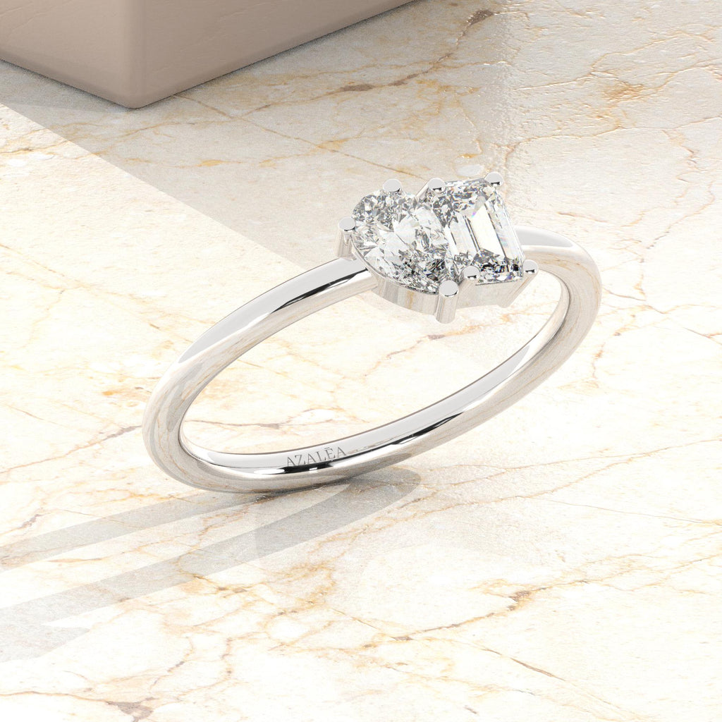 Pear and Emerald Cut Toi Et Moi Diamond Ring / 0.50 or 1 Ct Double You and I Ring / Diamond Wedding Ring/ Diamond Engagement Ring