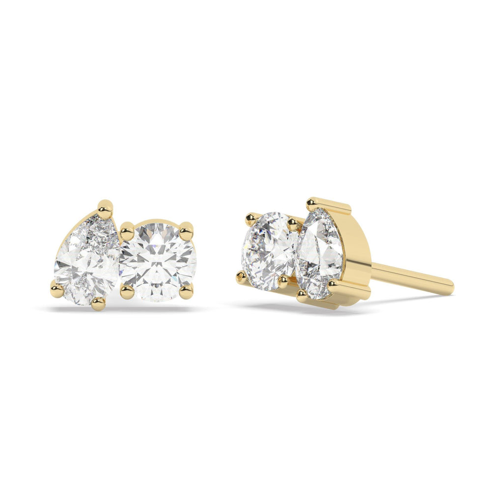 Round and Pear Diamond Stud Earrings / 14k 1-2 Ct Diamond Stud Earrings / Double Solitaire Earrings/ Gift for Her