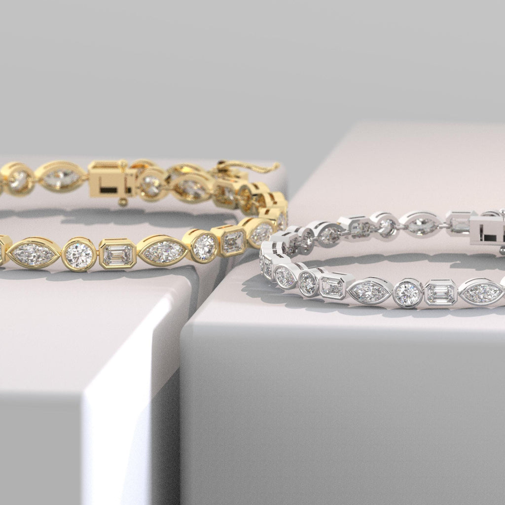 Multi Shape Diamond Bezel Tennis Bracelet / 14k Gold and Diamond Tennis Bracelet / Birthday Graduation Anniversary Gift