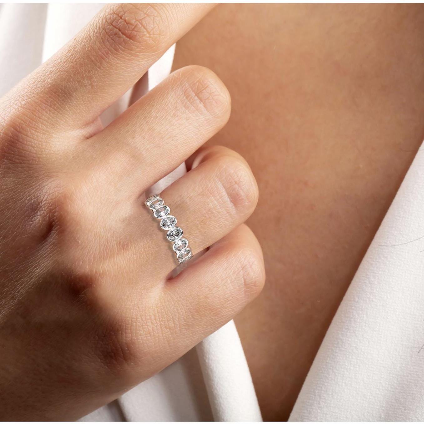 Oval Cut Bezel Diamond Wedding Band / 1.2 Ct Bezel Set Halfway Eternity Wedding Ring / Diamond Anniversary Ring / Wedding Gift