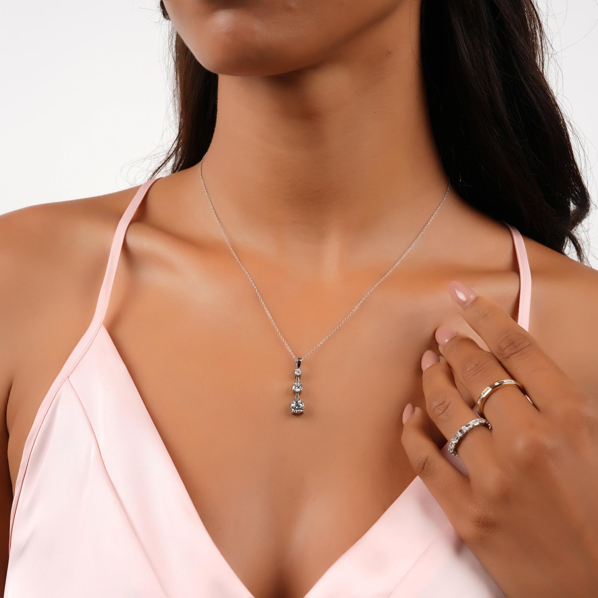 Dangling Tria Diamond Necklace / 14k Curved Graduated Trio Necklace / Diamond Statement Necklace / Gift for her / Dainty Diamond Necklace