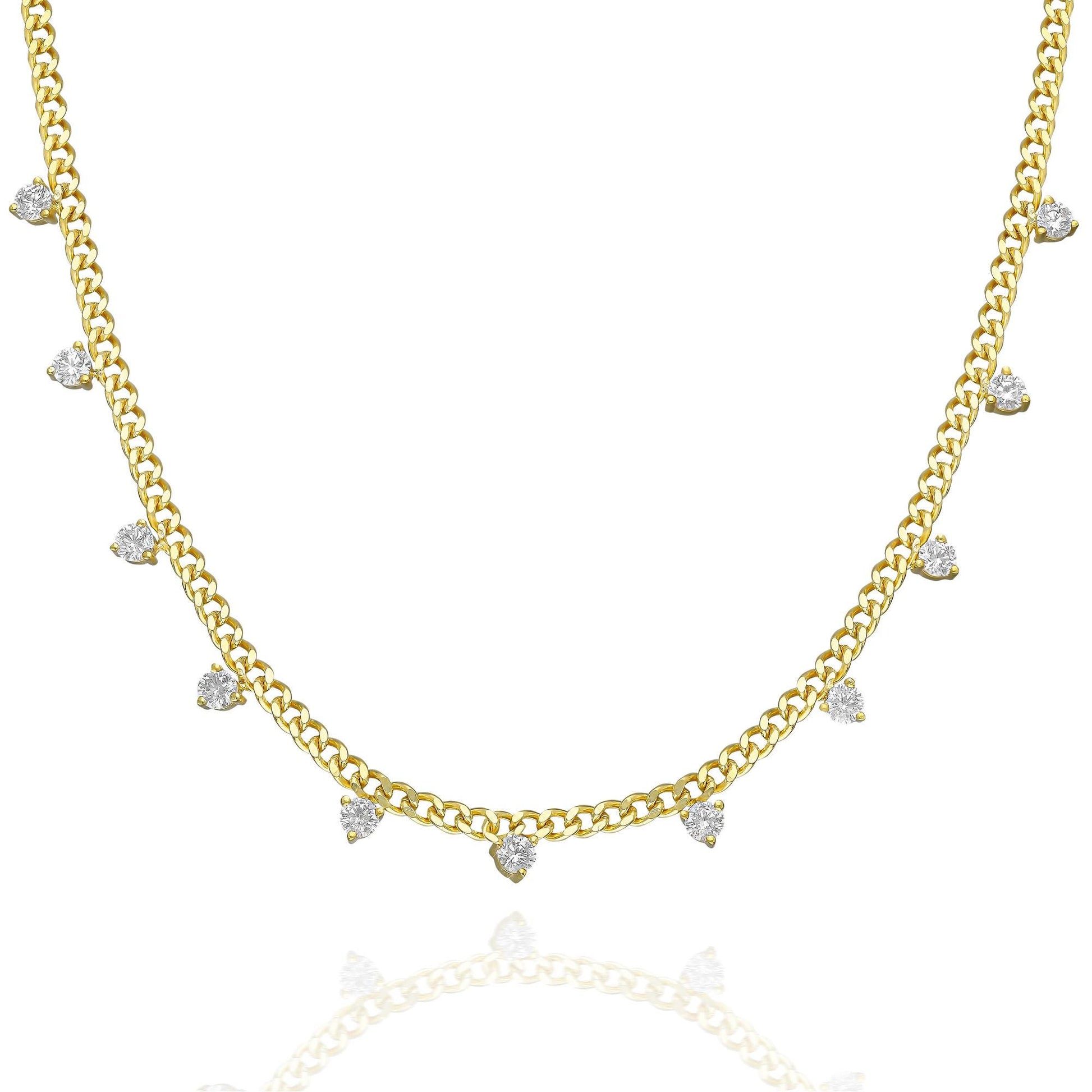 Diamond Station Necklace / 14k Gold Diamond Station Necklace / Curb Chain Diamond Necklace / Diamond Station Necklace / Layering Necklace