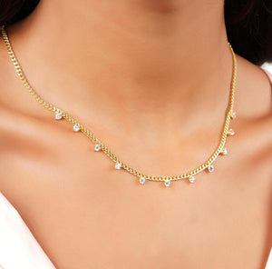 14k Gold Diamond Station Necklace: Dainty Curb Chain Layering Necklace