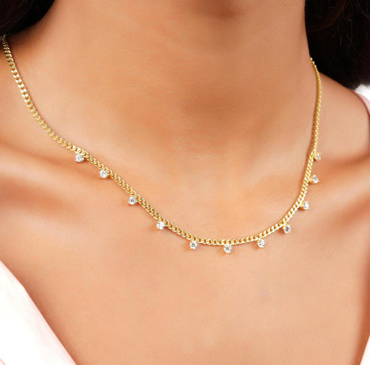 Diamond Station Necklace / 14k Gold Diamond Station Necklace / Curb Chain Diamond Necklace / Diamond Station Necklace / Layering Necklace