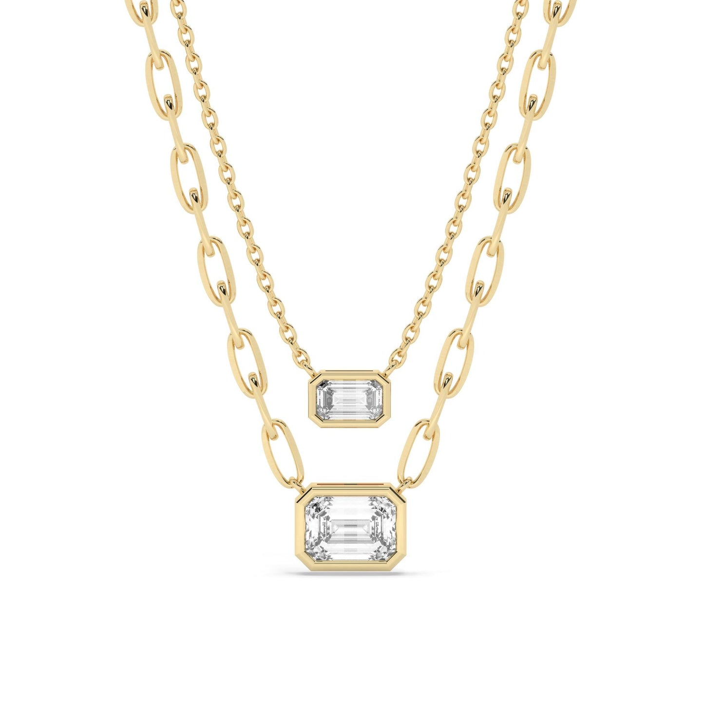 Emerald Cut Bezel Diamond Solitaire Necklace / 14k Gold Bezel Diamond Necklace / Paperclip & Link Chain / Dainty Diamond Necklace /