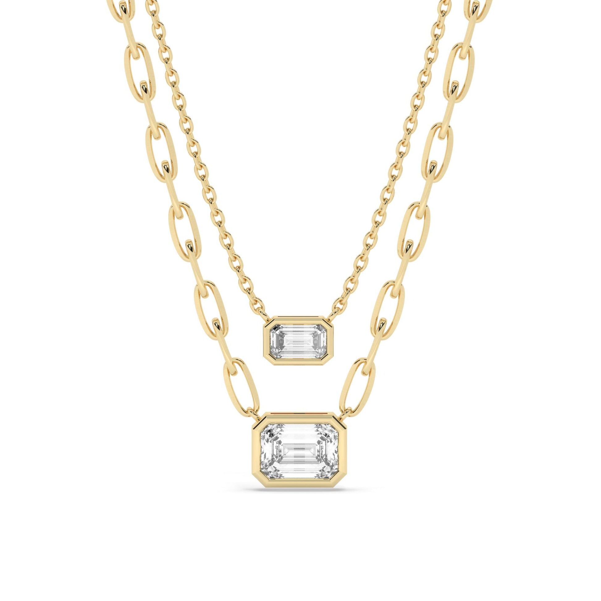 Emerald Cut Bezel Diamond Solitaire Necklace / 14k Gold Bezel Diamond Necklace / Paperclip & Link Chain / Dainty Diamond Necklace /