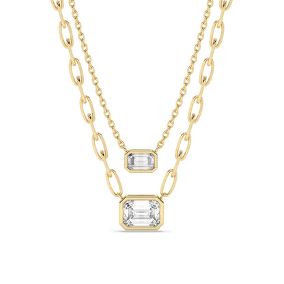 Emerald Cut Bezel Diamond Solitaire Necklace / 14k Gold Bezel Diamond Necklace / Paperclip & Link Chain / Dainty Diamond Necklace /