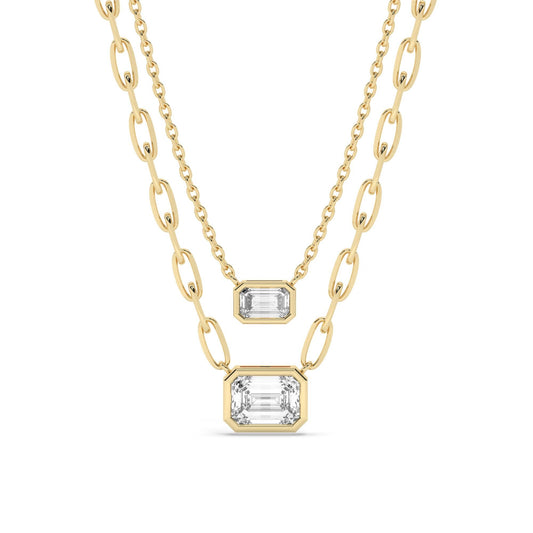 Emerald Cut Bezel Diamond Solitaire Necklace / 14k Gold Bezel Diamond Necklace / Paperclip & Link Chain / Dainty Diamond Necklace /