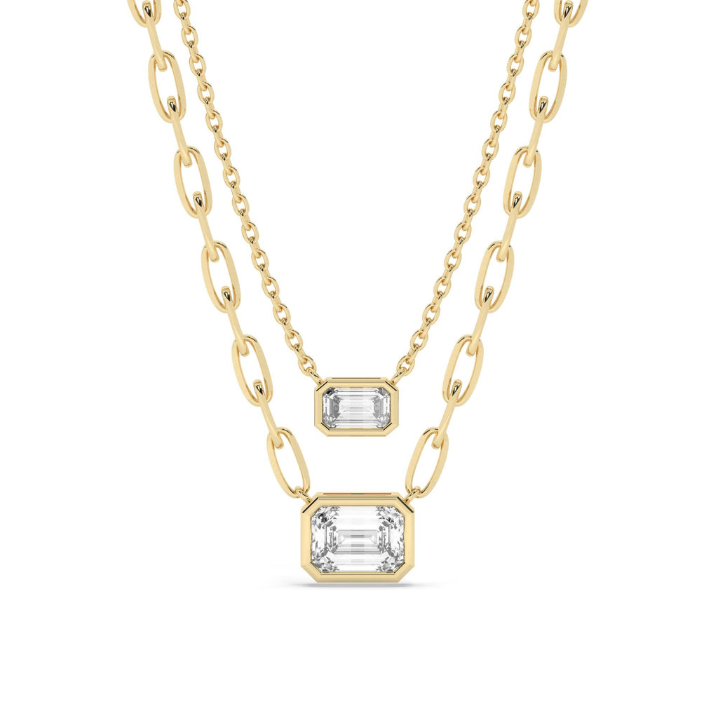 Emerald Cut Bezel Diamond Solitaire Necklace / 14k Gold Bezel Diamond Necklace / Paperclip & Link Chain / Dainty Diamond Necklace /