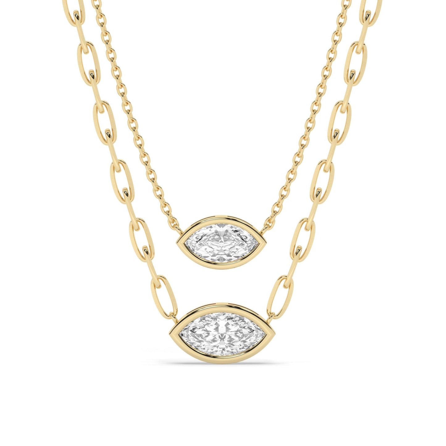 Marquise Cut Bezel Set Diamond Solitaire Necklace / 14k Gold Bezel Necklace / Paperclip & Link Chain / Gift for her
