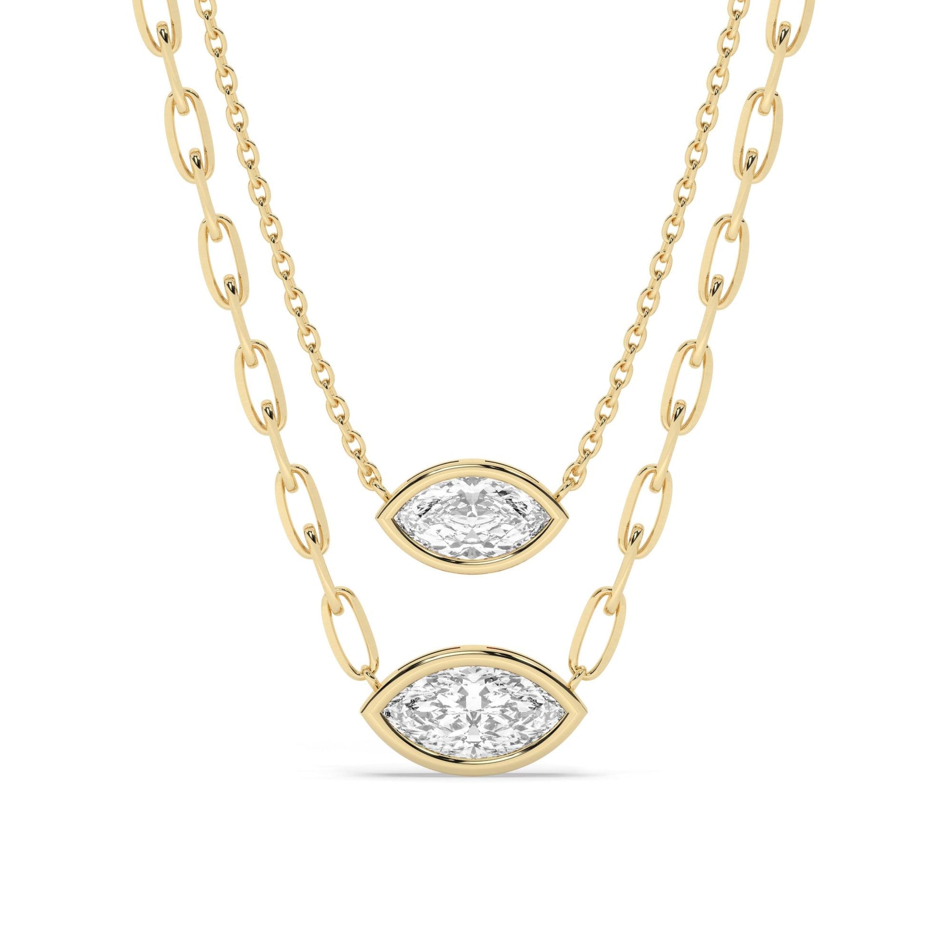 Marquise Cut Bezel Set Diamond Solitaire Necklace / 14k Gold Bezel Necklace / Paperclip & Link Chain / Gift for her