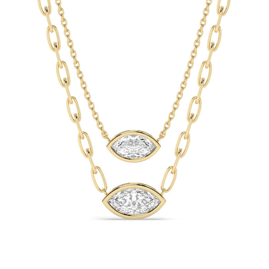 Marquise Cut Bezel Set Diamond Solitaire Necklace / 14k Gold Bezel Necklace / Paperclip & Link Chain / Gift for her