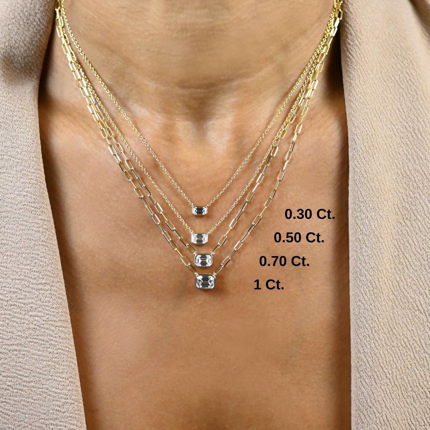 Emerald Cut Bezel Diamond Solitaire Necklace / 14k Gold Bezel Diamond Necklace / Paperclip & Link Chain / Dainty Diamond Necklace /