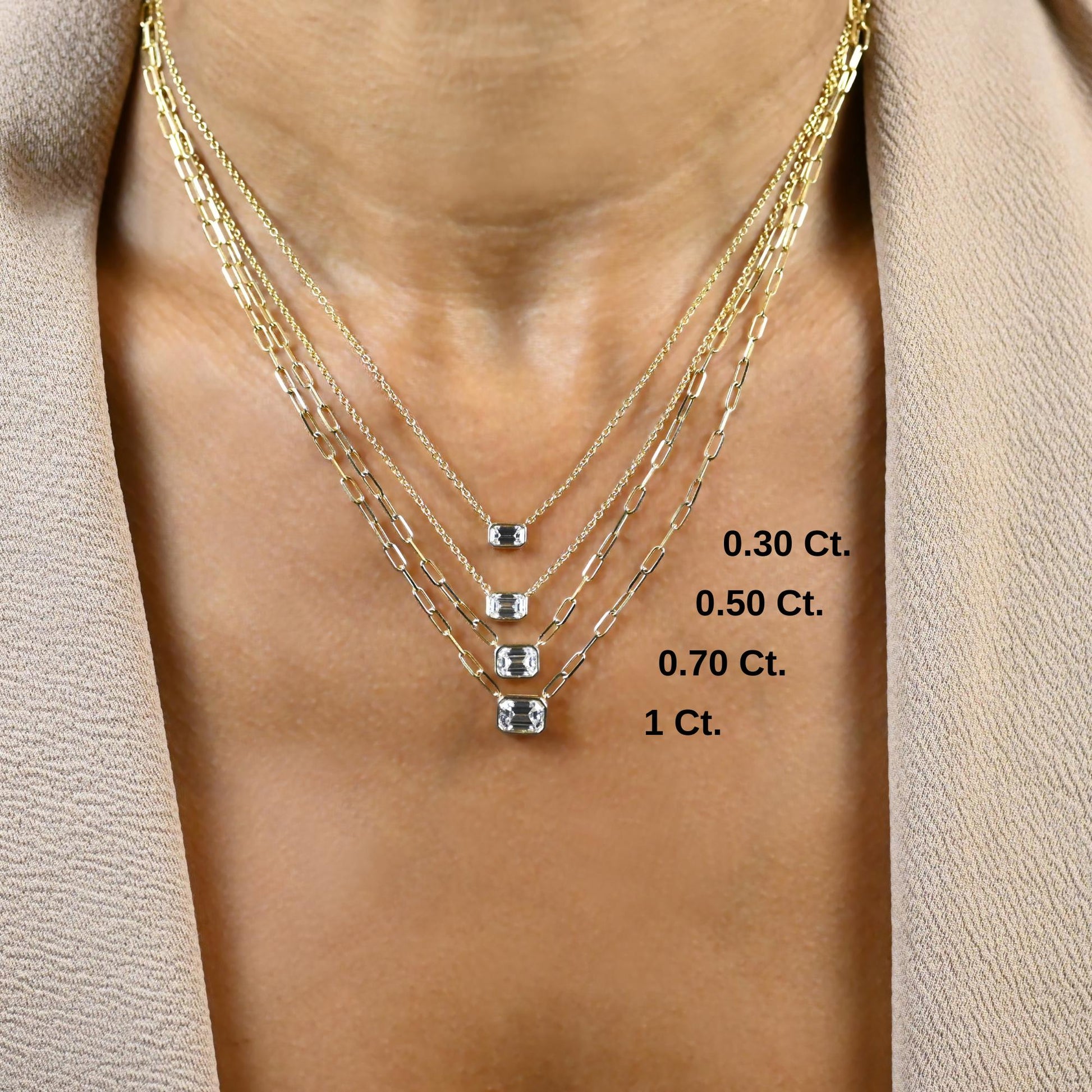 Emerald Cut Bezel Diamond Solitaire Necklace / 14k Gold Bezel Diamond Necklace / Paperclip & Link Chain / Dainty Diamond Necklace /