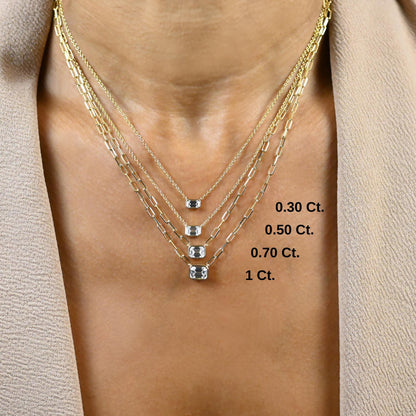 Emerald Cut Bezel Diamond Solitaire Necklace / 14k Gold Bezel Diamond Necklace / Paperclip & Link Chain / Dainty Diamond Necklace /