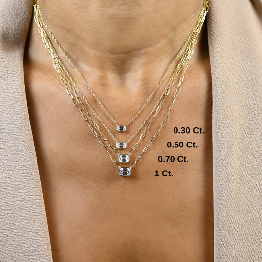 Emerald Cut Bezel Diamond Solitaire Necklace / 14k Gold Bezel Diamond Necklace / Paperclip & Link Chain / Dainty Diamond Necklace /