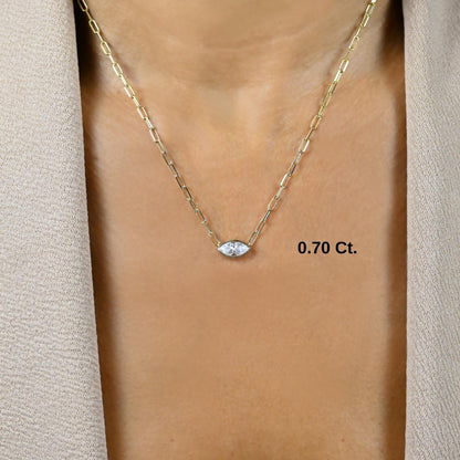 Marquise Cut Bezel Set Diamond Solitaire Necklace / 14k Gold Bezel Necklace / Paperclip & Link Chain / Gift for her
