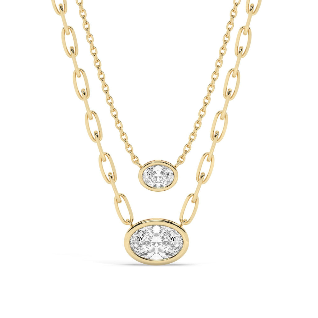 Oval Cut Bezel Set Diamond Solitaire Necklace / 14k Gold Bezel Necklace / Paperclip & Link Chain / Gift for her