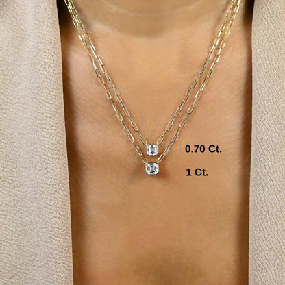 Asscher Cut Bezel Set Diamond Solitaire Necklace / 14k Gold Bezel Necklace / Paperclip & Link Chain / Gift for her