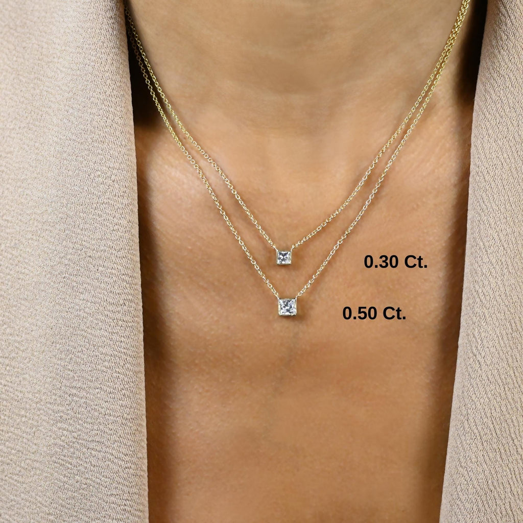 Princess Cut Bezel Diamond Solo Necklace / 14k Gold Bezel Necklace / Paperclip&Link Chain / Gift for her / Dainty Diamond Necklace /