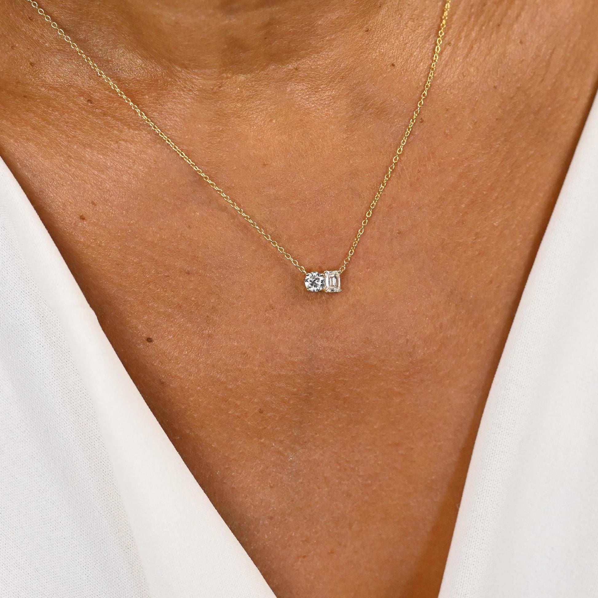 Round and Emerald Cut Double Diamond Necklace / 0.50 or 1 Ct Double Diamond Solitaire Necklace / Anniversary Birthday Engagement Gift