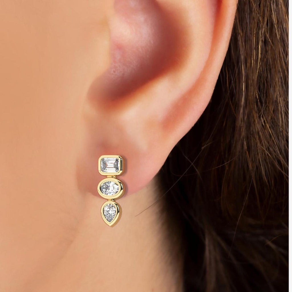 Pear Round and Emerald Double Bezel Diamond Stud Earrings