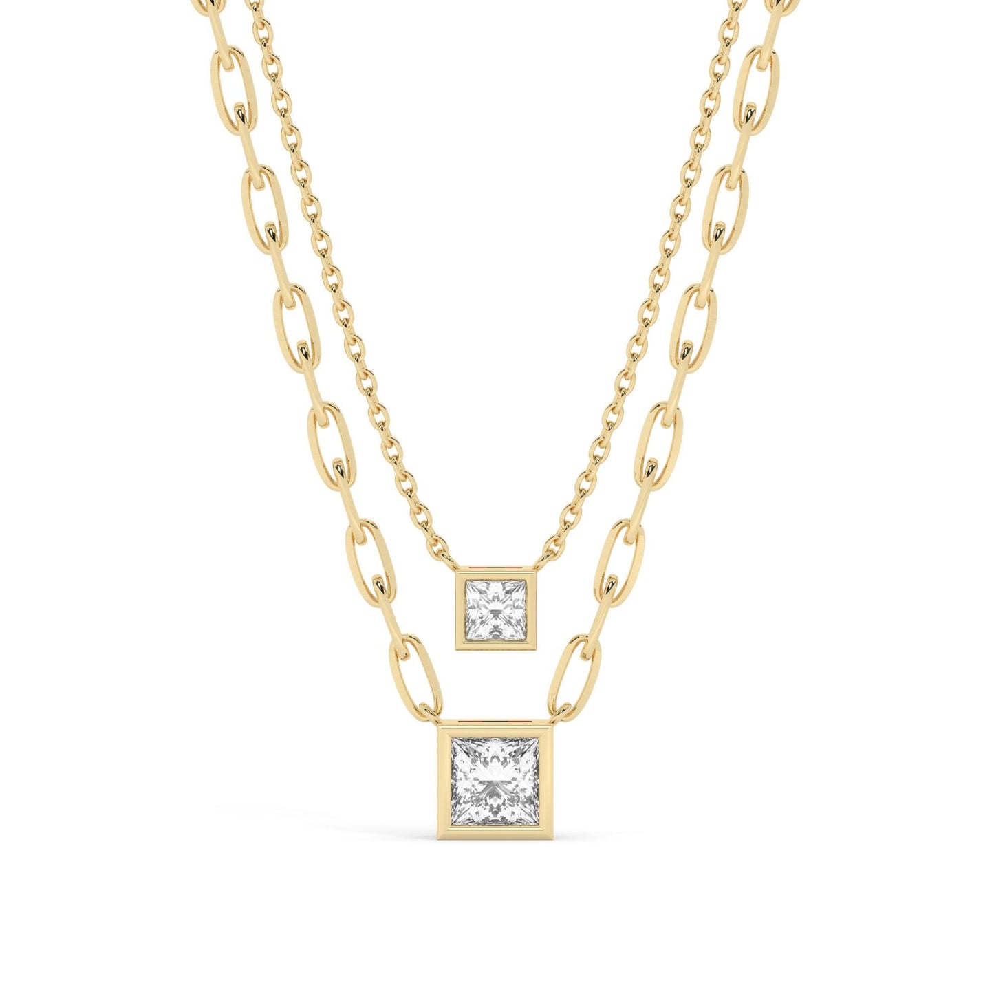Princess Cut Bezel Diamond Solo Necklace / 14k Gold Bezel Necklace / Paperclip&Link Chain / Gift for her / Dainty Diamond Necklace /