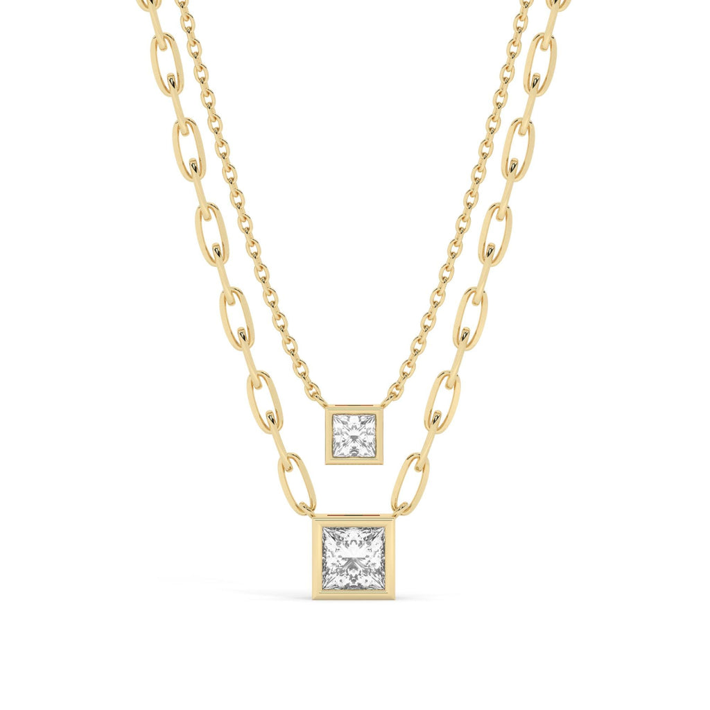 Princess Cut Bezel Diamond Solo Necklace / 14k Gold Bezel Necklace / Paperclip&Link Chain / Gift for her / Dainty Diamond Necklace /