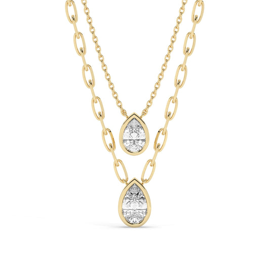Pear Cut Bezel Setting Diamond Solitaire Necklace / 14k Gold Bezel Diamond Necklace / Paperclip & Link Chain / Gift for her