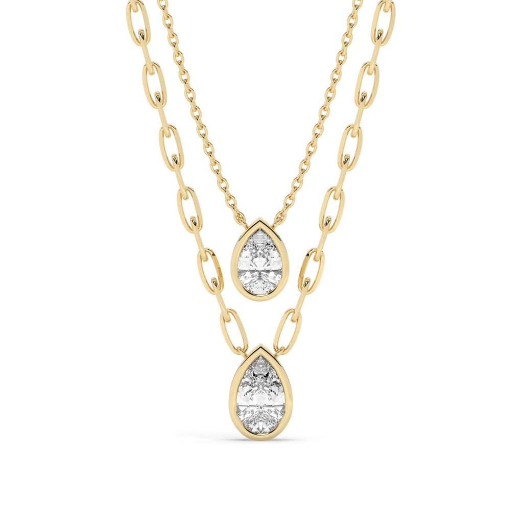 Pear Cut Bezel Setting Diamond Solitaire Necklace / 14k Gold Bezel Diamond Necklace / Paperclip & Link Chain / Gift for her