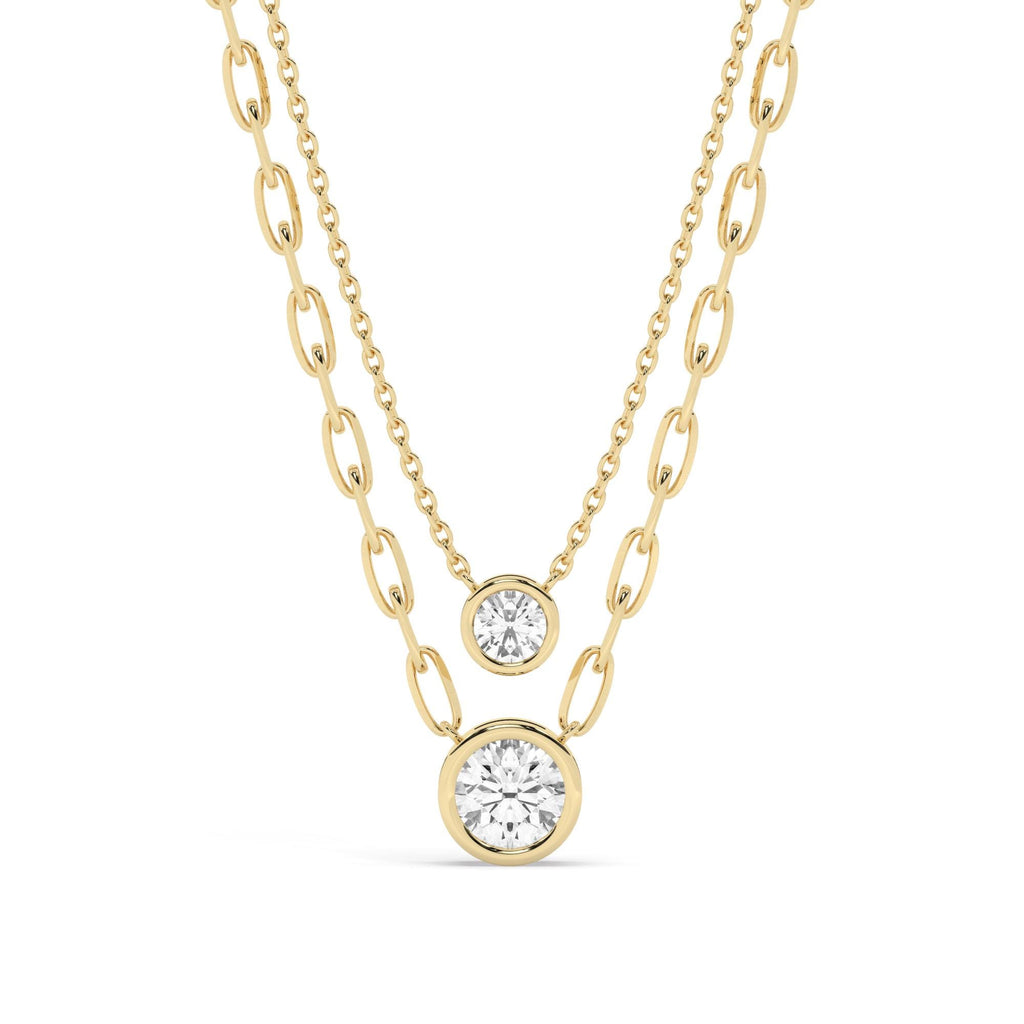 Round Cut Bezel Setting Diamond Solitaire Necklace / 14k Gold Bezel Diamond Necklace / Paperclip & Link Chain / Gift for her