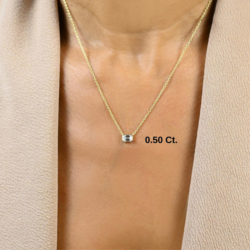 Emerald Cut Bezel Diamond Solitaire Necklace / 14k Gold Bezel Diamond Necklace / Paperclip & Link Chain / Dainty Diamond Necklace /