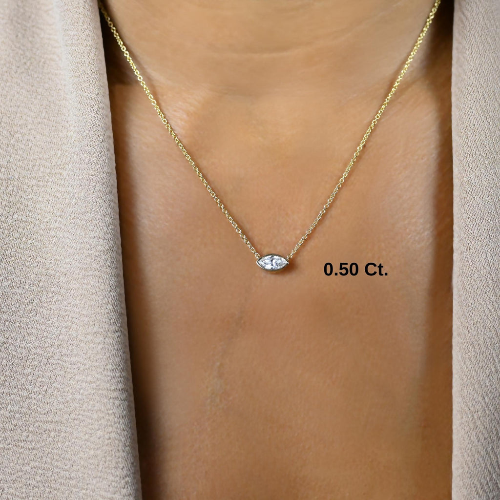 Marquise Cut Bezel Set Diamond Solitaire Necklace / 14k Gold Bezel Necklace / Paperclip & Link Chain / Gift for her