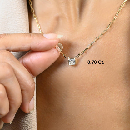 Asscher Cut Bezel Set Diamond Solitaire Necklace / 14k Gold Bezel Necklace / Paperclip & Link Chain / Gift for her