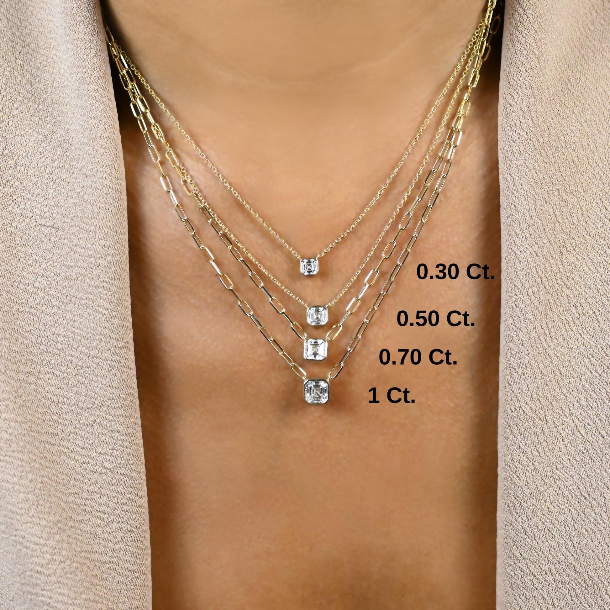 Asscher Cut Bezel Set Diamond Solitaire Necklace / 14k Gold Bezel Necklace / Paperclip & Link Chain / Gift for her