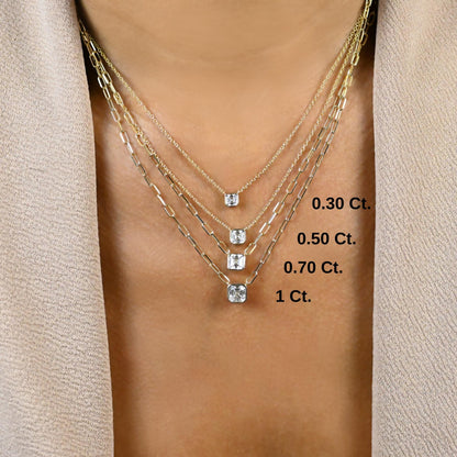 Asscher Cut Bezel Set Diamond Solitaire Necklace / 14k Gold Bezel Necklace / Paperclip & Link Chain / Gift for her