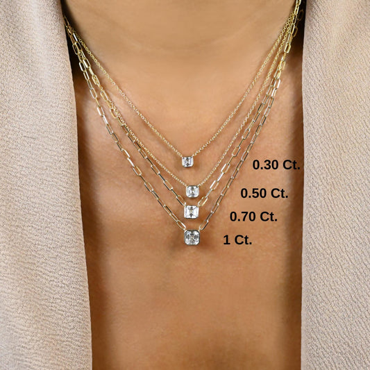 Asscher Cut Bezel Set Diamond Solitaire Necklace / 14k Gold Bezel Necklace / Paperclip & Link Chain / Gift for her