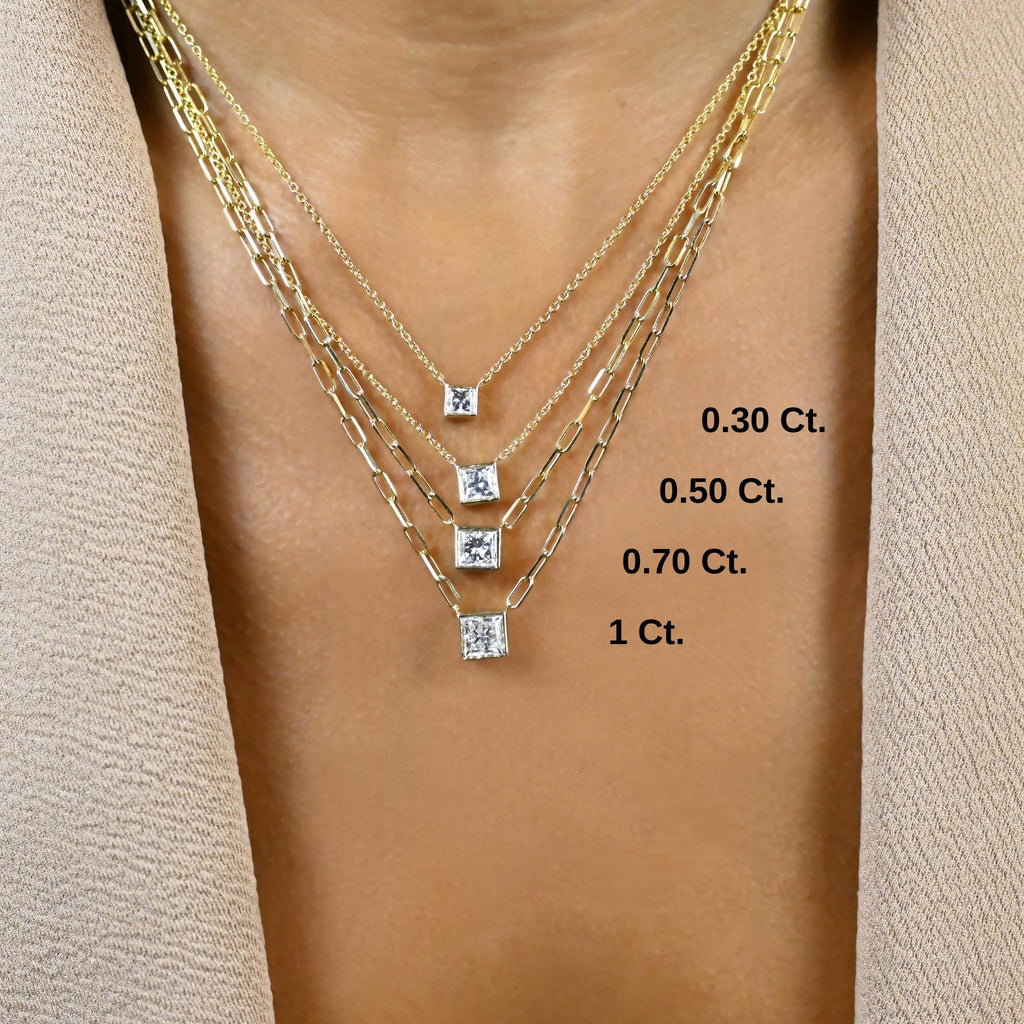 Princess Cut Bezel Diamond Solo Necklace / 14k Gold Bezel Necklace / Paperclip&Link Chain / Gift for her / Dainty Diamond Necklace /