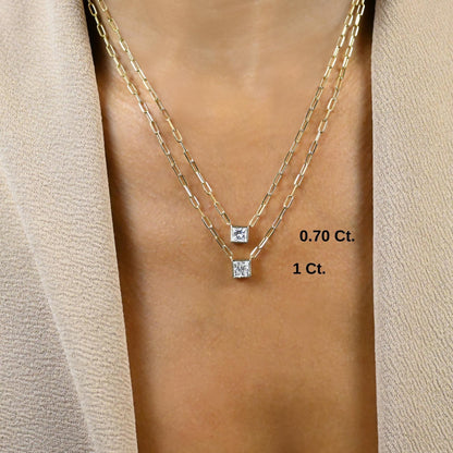 Princess Cut Bezel Diamond Solo Necklace / 14k Gold Bezel Necklace / Paperclip&Link Chain / Gift for her / Dainty Diamond Necklace /