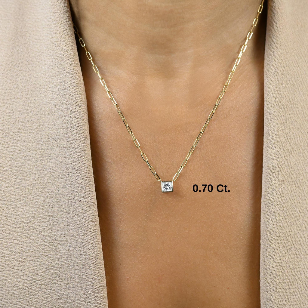 Princess Cut Bezel Diamond Solo Necklace / 14k Gold Bezel Necklace / Paperclip&Link Chain / Gift for her / Dainty Diamond Necklace /